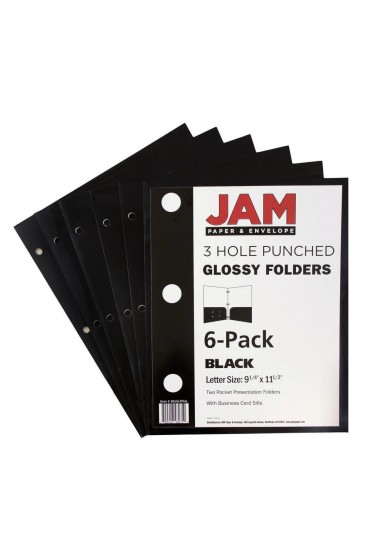 Folders| JAM Paper JAM Paper® Laminated Glossy 3 Hole Punch Two-Pocket School Folders, Black, 6/Pack - TW28143