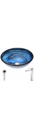 Bathroom Sinks| ANZZI Soave Series Sapphire Wisp Tempered Glass Vessel Round Modern Bathroom Sink with Faucet Drain Included (16.5-in x 16.5-in) - IY26730