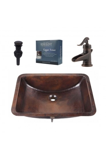 Bathroom Sinks| SINKOLOGY Aged Copper Undermount Rectangular Rustic Bathroom Sink with Faucet and Overflow Drain Included (21-in x 15.25-in) - FT44091