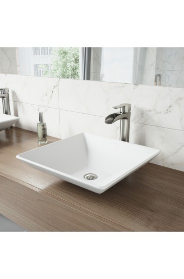 Bathroom Sinks| VIGO Hibiscus Matte White Matte Stone Vessel Square Modern Bathroom Sink (16-in x 16-in) - FS72215