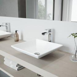 Bathroom Sinks| VIGO Vessel sink Matte White Matte Stone Vessel Square Modern Bathroom Sink with Faucet Drain Included (16-in x 16-in) - YX76698