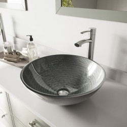 Bathroom Sinks| VIGO Vessel sink Pvd Brushed Nickel Glass Vessel Round Modern Bathroom Sink with Faucet Drain Included (16.5-in x 16.5-in) - LS23968