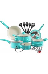 20 Piece Nonstick Cookware Set Ceramic Aluminum Pans and Pots Set with Glass Lids Safety Insulation Handle Saucepan Stock pot Set Dishwasher Oven Safe Extra 5pcs Silicone Utensils & Spoons