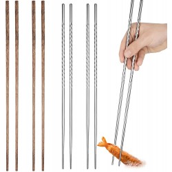 4 Pairs Long Cooking Chopsticks 15.3 Inch Extra Long Stainless Steel Chopsticks with Non Slip Threaded and 16.5 Inch Wooden Noodles Kitchen Cooking Frying Chopsticks Silver Wood Color