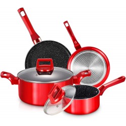 6 Pcs Pots and Pans Sets Nonstick Cookware Set Induction Pan Set Chemical-Free Kitchen Sets Stone-Derived Coating Saucepan Stock Pot Frying Pan Red