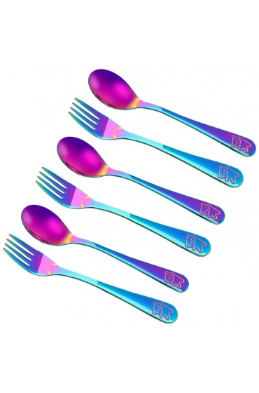 6 Pieces Stainless Steel Rainbow Kids Silverware Children's Safe Flatware Baby and Toddler Utensils Metal Kids Cutlery Set for LunchBox 3 x Child Forks 3 x Children Spoons