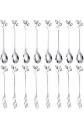 AnSaw 16 Pcs 4.7Small Leaf Handle Coffee Spoons & Dessert Forks Silver 8+8