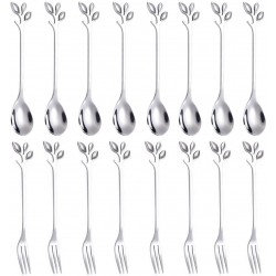 AnSaw 16 Pcs 4.7"Small Leaf Handle Coffee Spoons & Dessert Forks Silver 8+8