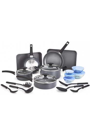 BELLA 21 Piece Cook Bake and Store Set Kitchen Essentials for First or New Apartment Assorted Non Stick Cookware 9 Nylon Hassle-Free Cooking Tools 5 Glass Storage Bowls w Lids BPA & PFOA Free