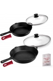 Cast Iron Skillet Set 10 + 12-Inch Pre-Seasoned Frying Pans + Glass Lids + Silicone Handle Cover Grips Indoor Outdoor Use Grill Oven Stovetop Induction BBQ Firepit Safe Kitchen Cookware
