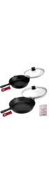 Cast Iron Skillet Set 10" + 12"-Inch Pre-Seasoned Frying Pans + Glass Lids + Silicone Handle Cover Grips Indoor Outdoor Use Grill Oven Stovetop Induction BBQ Firepit Safe Kitchen Cookware
