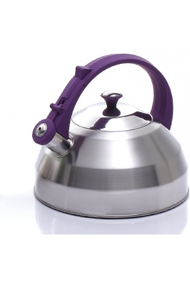 Creative Home Steppes 2.8 Qt Stainless Steel Whistling Teakettle with Aluminum Capsulated Bottom Brushed Finish Body with Purple Coated Handle