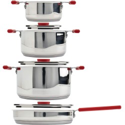 Denmark Tools for Cooks Stax Cookware Collection- Stainless Steel Electric Gas Induction High Polish Dishwasher Oven Safe 7 Piece Stax Stainless Steel Nesting Cookware Set RED