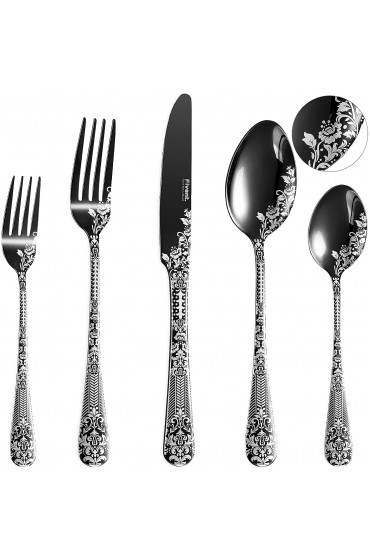 Fivent Floral Damask Rose Black Cutlery Set 20 pcs Includes 8 x Spoons 8 x Forks 4 x Knife Stainless Steel Dishwasher Safe Mirror Polished Tableware Durable Flatware Home Kitchen