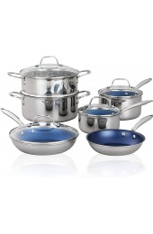Granitestone Blue Nonstick Cookware Set Tri-Ply Base Stainless Steel Pots & Pans Set 5 Piece Cookware Includes Frying Pans Stock Pots & Skillets Dishwasher & Induction Safe Stay Cool Handles