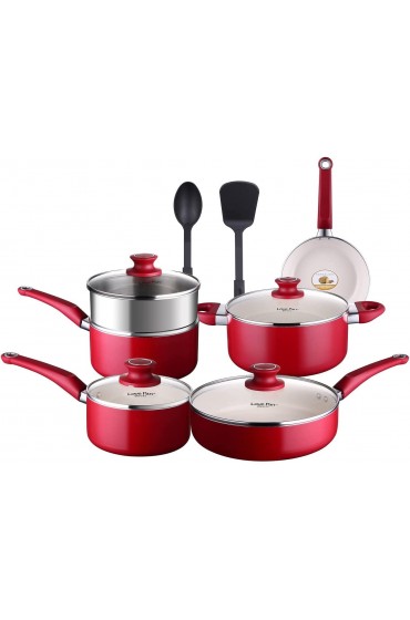 LOVE PAN 12 Piece White Ceramic Pots and Pans Set Kitchen Non-Stick Cookware Set for Cooking and Frying Pot and Pan Set with Glass Lids and Kitchen Utensils Red