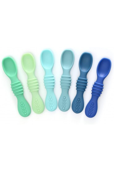 PrimaStella Silicone Rainbow Chew Spoon Set for Babies and Toddlers Safety Tested BPA Free Microwave Dishwasher and Freezer Safe Seaside Palette