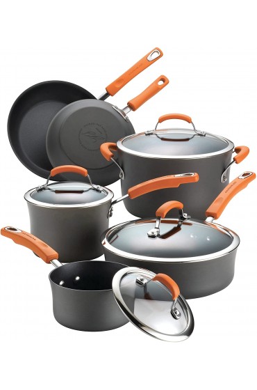 Rachael Ray Brights Hard-Anodized Aluminum Nonstick Cookware Set with Glass Lids 10-Piece Pot and Pan Set Gray with Orange Handles