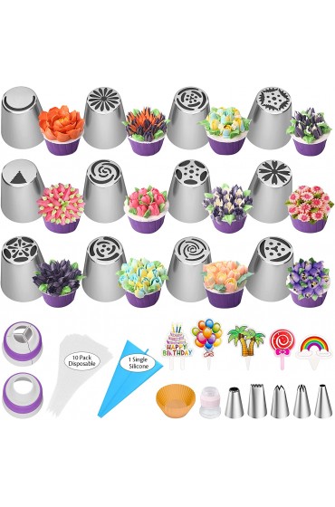 Russian Piping Tips 56 Pcs Cake Decorating Supplies 12 Flower Piping Tips Leaf Icing Frosting Tips Nozzles Pastry Bags Baking Supplies Kit for Cupcake Cookies Birthday Party Baking Gifts