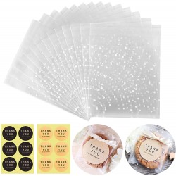 Self Adhesive Cookie Bags Cellophane Treat Bags Searik White Polka Dot Plastic Pastry Bags with Thank You Labels for Party Gift Giving Bakery Candy Cookie Chocolate 3.94 x 3.94 Inches 100 Pcs