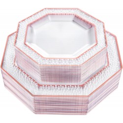 BBG 60Pcs Rose Gold Plastic Plates Fancy Disposable Party Plates Clear Plates with Rose Gold Rims Includes 30 Dinner Plates 10.25" 30 Salad Plates 7.5" Ideal For Mother's Day Wedding Baby Show
