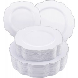 NOCCUR 120PCS Silver Plastic Plates-include 60PCS Sliver Rim Disposable Dinner Plates and 60PCS Salad Dessert Plates for Christmas wedding and Parties