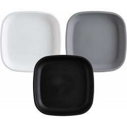RE-PLAY Made in USA Deep Walled Flat Plates | Made from Eco Friendly Heavyweight Recycled Plastic | Dishwasher & Microwave Safe | BPA Free | White Grey & Black | Monochrome 3pk