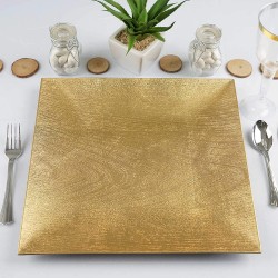 TABLECLOTHSFACTORY 6 Pack 12" Square Wooden Textured Gold Acrylic Charger Plates Wedding Party Dinner Servers Chargers for Tabletop Decor
