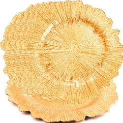 WUWEOT 6 Pack 13" Gold Charger Plates Plate Chargers with Flora Reef Design Plastic Round Ruffled Rim Dinner Charger Plates for Dinner Wedding Party Decoration