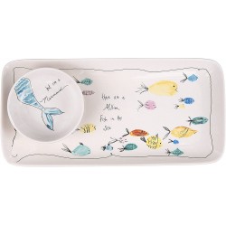 Creative Co-Op Rectangle Stoneware Plate with Fish Images and Matching Bowl Set of 2 Pieces 11-3 4"L x 5-3 4"W Multicolor