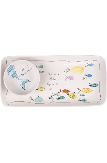 Creative Co-Op Rectangle Stoneware Plate with Fish Images and Matching Bowl Set of 2 Pieces 11-3 4L x 5-3 4W Multicolor