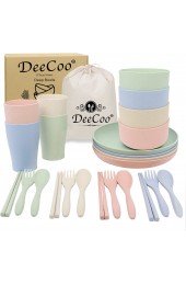DeeCoo Wheat Straw Dinnerware Sets of 4 24pcs Unbreakable and Lightweight Serving Bowls Cups Plates Chopsticks Forks Spoons Set Microwave & Dishwasher Safe Dish Bowl for Kids or Picnics