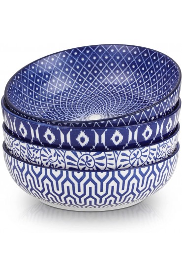 Selamica Ceramic 30 Ounce Large Pasta Bowls 8 inch Serving Bowls Wide and Shallow Microwave Dishwasher Safe Bowls Set of 4 Vintage Blue