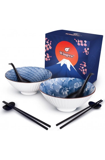 Wingcco Japanese Ceramic Ramen Bowl Set 8-Piece Set With Matching Large White Ramen Bowls and Spoons Set with Chopsticks and Chopsticks Holder For Pho Soup Thai Miso Salad Udon Noodles or Asian Food