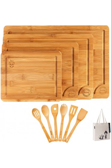 Boelley bamboo cutting board set of 4 w 6 utensils &1 canvas bag-wood cutting boards setLarge & Small for kitchen-chopping board-wooden serving board trayButcher Block w Juice Groove-Handles