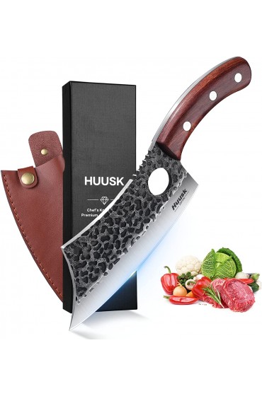 Huusk Chef Knives Hand Forged Meat Cleaver Butcher Knife for Meat Cutting Japanese Kitchen Knife Viking Boning Knife with Sheath and Gift Box Cooking Knife for Kitchen and Outdoor Camping BBQ Grill