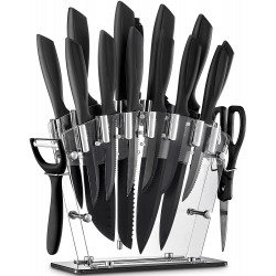 KDIK Knife Set 16 PCS High Carbon Stainless Steel Kitchen Knife Set BO Oxidation No Rust Sharp Cutlery Black Knife Set with Acrylic Stand and Serrated Steak Knives,AB112