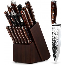 Kitchen Knife Set,15-Piece Knife Set With Block Wooden,Self Sharpening For Chef Knife Set,High Carbon Japan Stainless Steel Hammered Collection Knife Block Set with Steak Knives Boxed Knife Sets