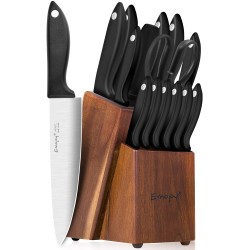 Knife Set 15-Piece Kitchen Knife Set with Sharpener Wooden Block and Serrated Steak Knives,Emojoy Germany High Carbon Stainless Steel Knife Block Set
