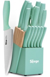 Knife Set 15-piece Kitchen Knifes with Wooden Block Professional Chef Knife Sets with Sharpener Scissors Stainless Steel Sharp knives for Home Green Wheat Straw Handle Light