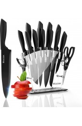 Knife Set 16pcs Kitchen Knife Set High Carbon Stainless Steel Chef Knife 6 Serrated Steak Knives Scissors Peeler & Knife Sharpener with Acrylic Stand Easy-Grip Handle Rust-proof