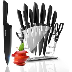 Knife Set 16pcs Kitchen Knife Set High Carbon Stainless Steel Chef Knife 6 Serrated Steak Knives Scissors Peeler & Knife Sharpener with Acrylic Stand  Easy-Grip Handle Rust-proof