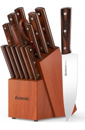 Knife Set with Block Astercook 15 Pcs Kitchen Knife Set with Wooden Block German Stainless Steel Blade Chef Knife Set & 6 Steak Knives