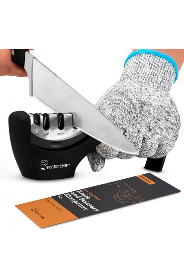 PriorityChef Upgraded 4 in 1 Knife Sharpeners for Kitchen Knives and Scissors New Manual Kitchen Knife Sharpener and Scissor Sharpener Includes Safety Glove