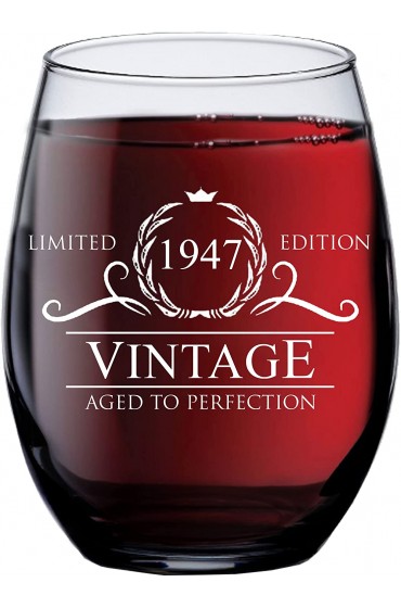 75th Birthday Gifts for Women Men 1947 Vintage 15 oz Stemless Wine Glass 75 Year Old Birthday Party Decorations Seventy-Fifth Anniversary Presents for Parents Seventy Five Class Reunion Ideas