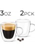 DLux Espresso Coffee Cups 3oz Double Wall Clear Glass Set of 2 Glasses with Handles Insulated Borosilicate Glassware Tea Cup