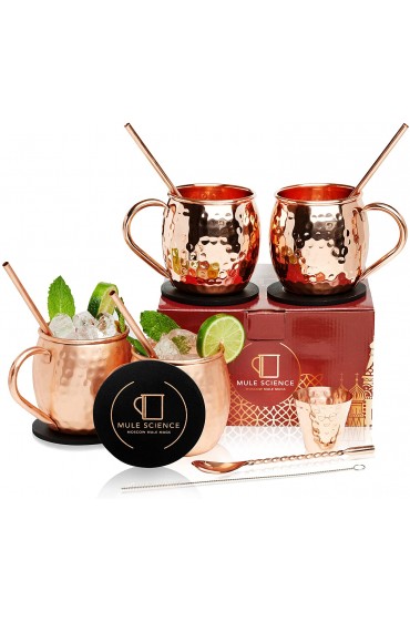 Mule Science Authentic Moscow Mule Copper Mugs Set of 4 16oz | Solid 100% Copper Cups Set w 4 Straws 4 Coasters 1 Shot Glass 1 Spoon 1 Cleaning Brush | Tarnish Resistant