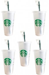 Starbuck 5 Pack Bundle Reusable Frosted 24 oz Cold Cup with Lid and Green Straw w Stopper