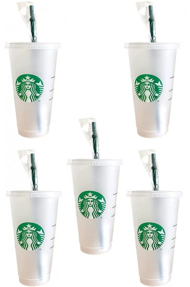 Starbuck 5 Pack Bundle Reusable Frosted 24 oz Cold Cup with Lid and Green Straw w Stopper