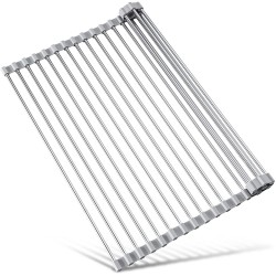 17.7" x 15.5" Large Dish Drying Rack Attom Tech Home Roll Up Dish Racks Multipurpose Foldable Stainless Steel Over Sink Kitchen Drainer Rack for Cups Fruits Vegetables